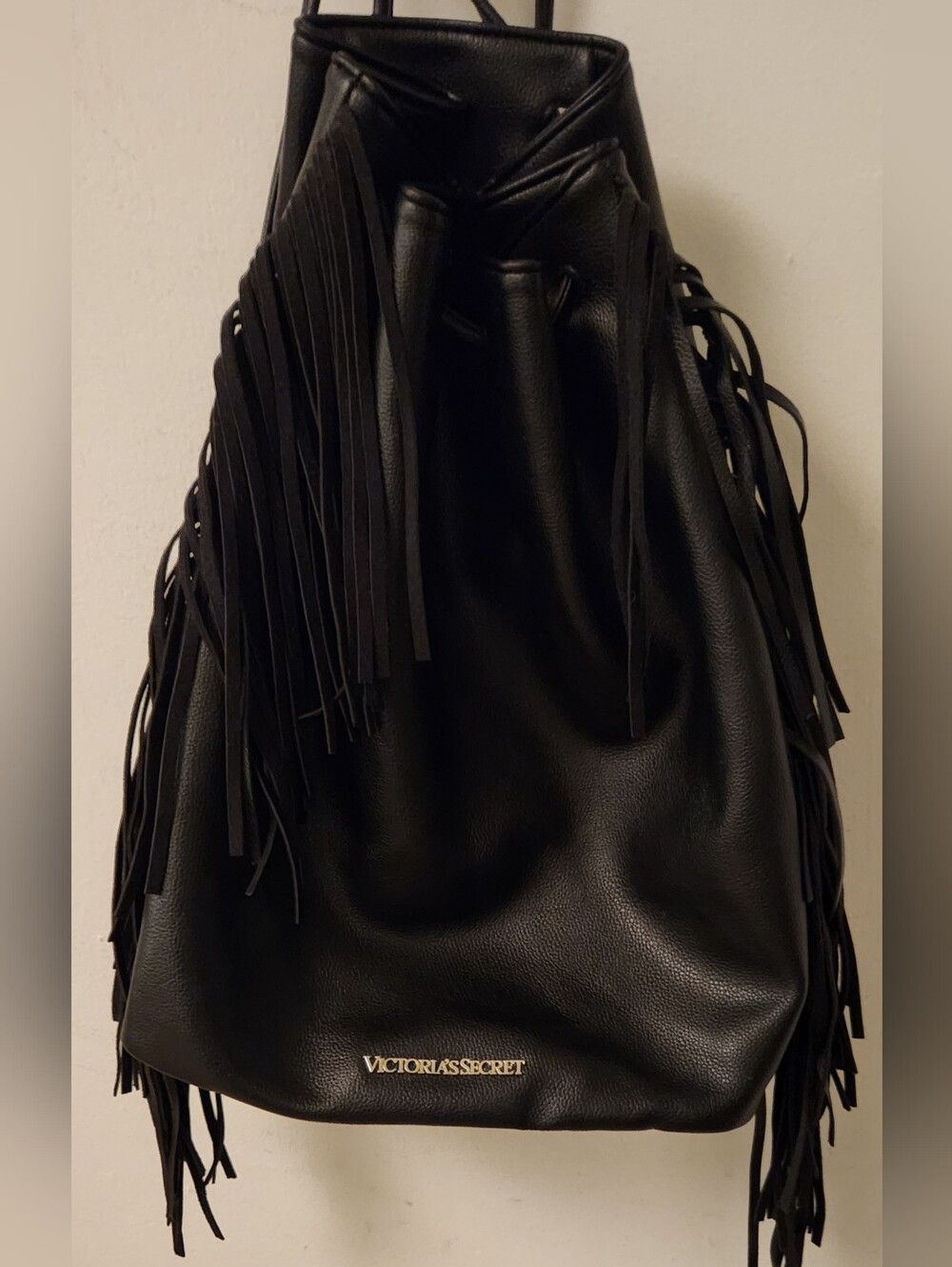 Victoria's Secret Black Fringe Drawstring Backpack